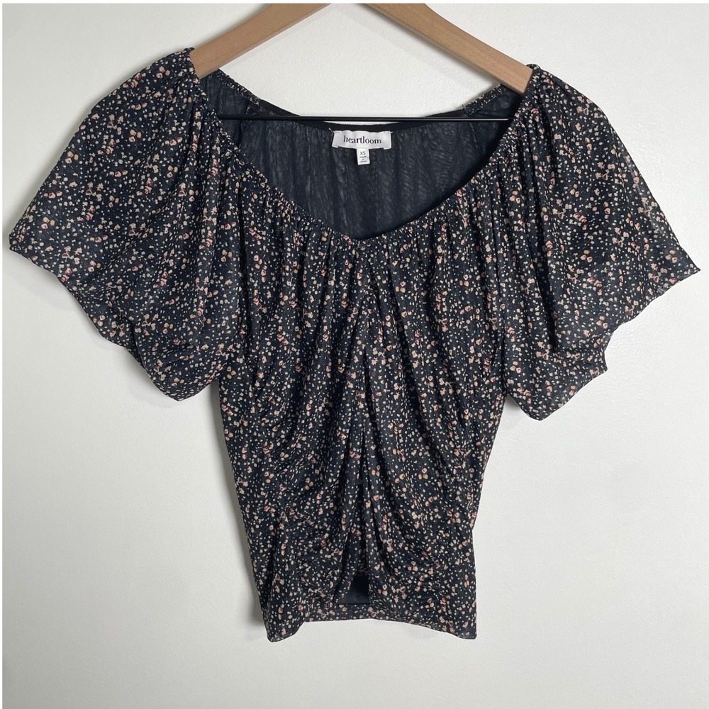 Floral‎ Blouse Women XS Black Mesh Ruched Puff Sleeve Fairy Whimsical Romantic